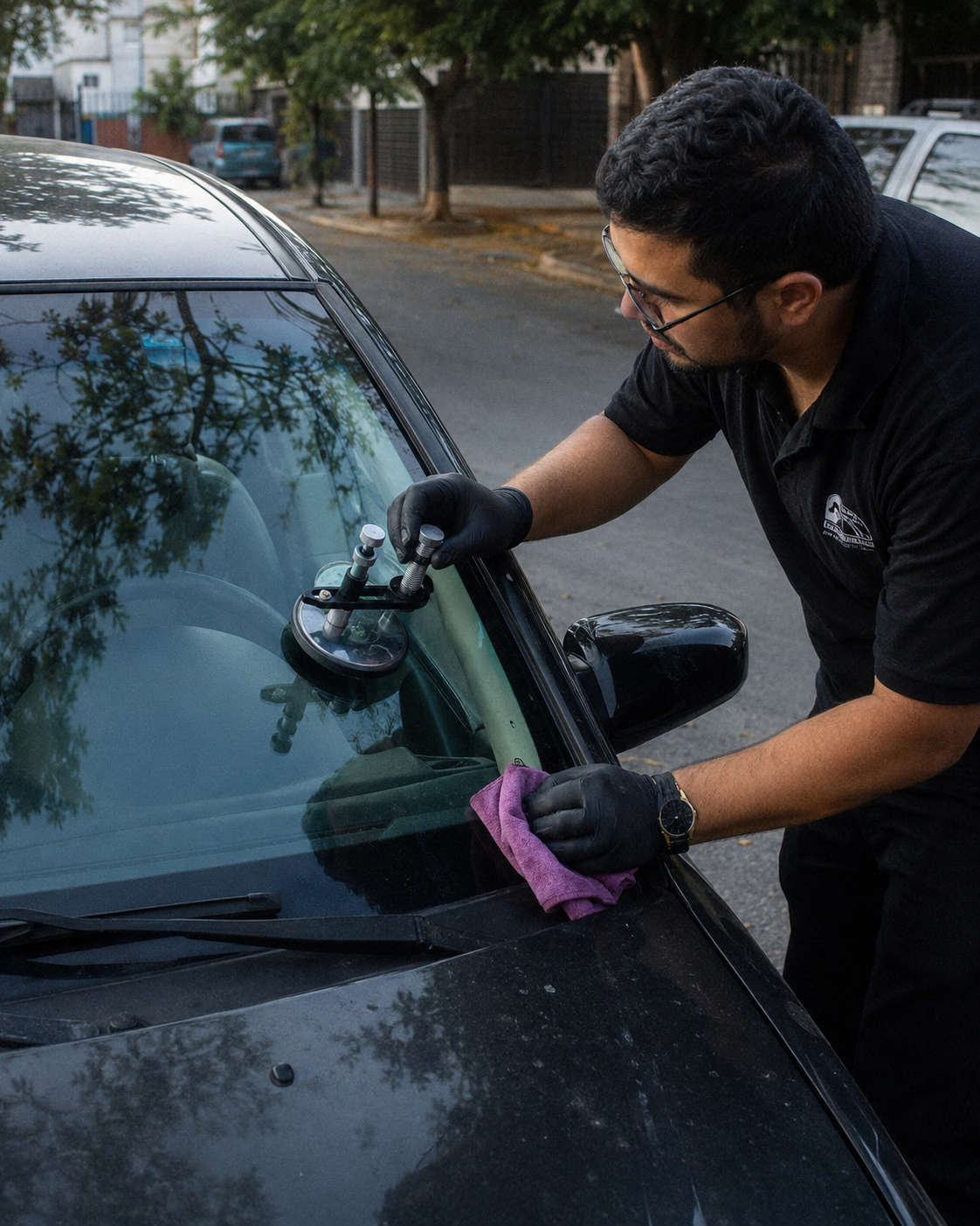 Técnico reparando parabrisas a domicilio